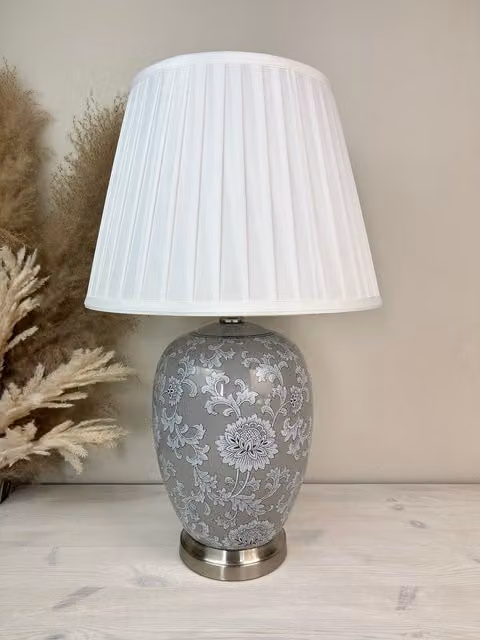 Downton Interiors Grey and White Ceramic Table Lamp with Fabric Pleated Shade