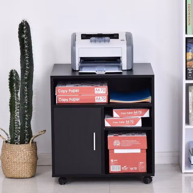 HOMCOM Multi-Storage Printer Unit with 5 Compartments and Wheels in Black