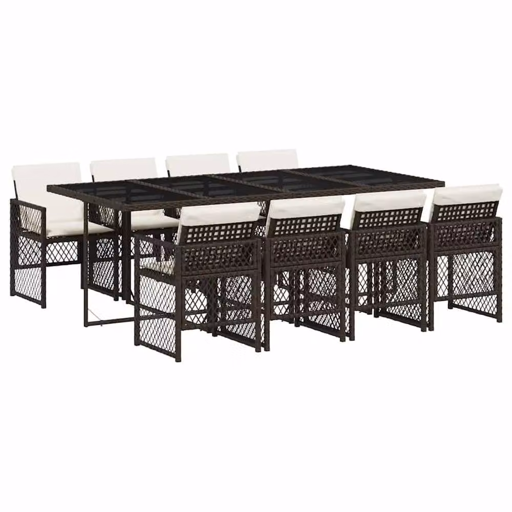 Berkfield Home 9 Piece Brown Poly Rattan Garden Dining Set with Cushions and Glass Tabletop – 2