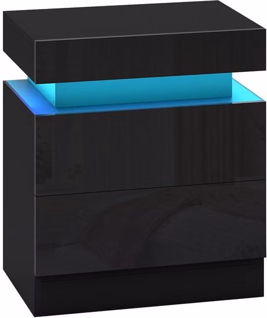 HOMCOM High Gloss Bedside Table with Integrated LED Light and 2 Drawers, Black – 1