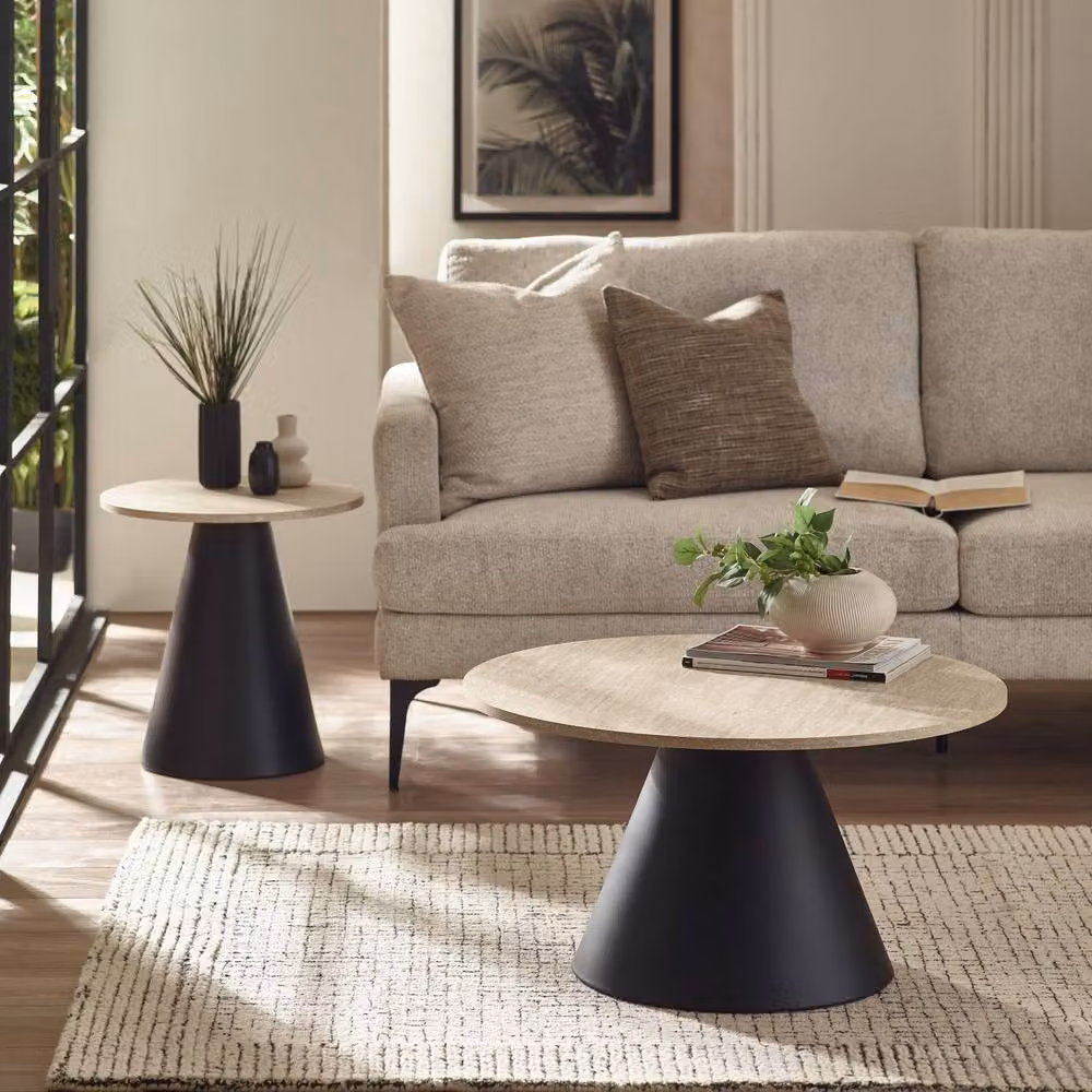 Cheshire Torrance Modern Nested Table Set in Travertine Effect and Black – 2