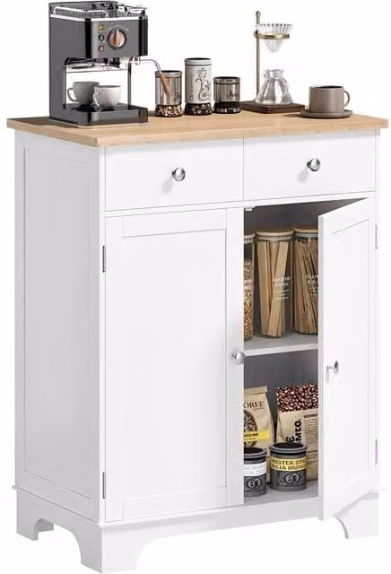 HOMCOM White Kitchen Storage Cabinet with Rubberwood Top and Internal Shelves and Drawers – 1