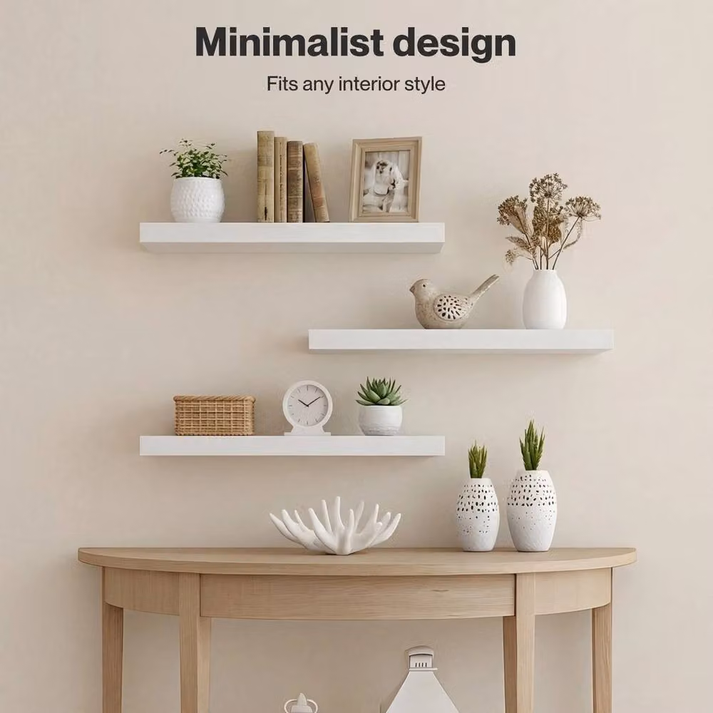 VOGREX Set of 3 White and Brown Rustic Floating Wall Shelves – 2