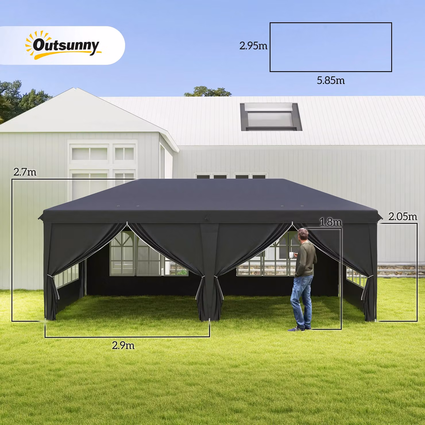 OUTSUNNY Black Pop Up Hip Roof Gazebo with Sides and Windows, W: 600 cm, D: 300 cm, H: 270 cm – 3