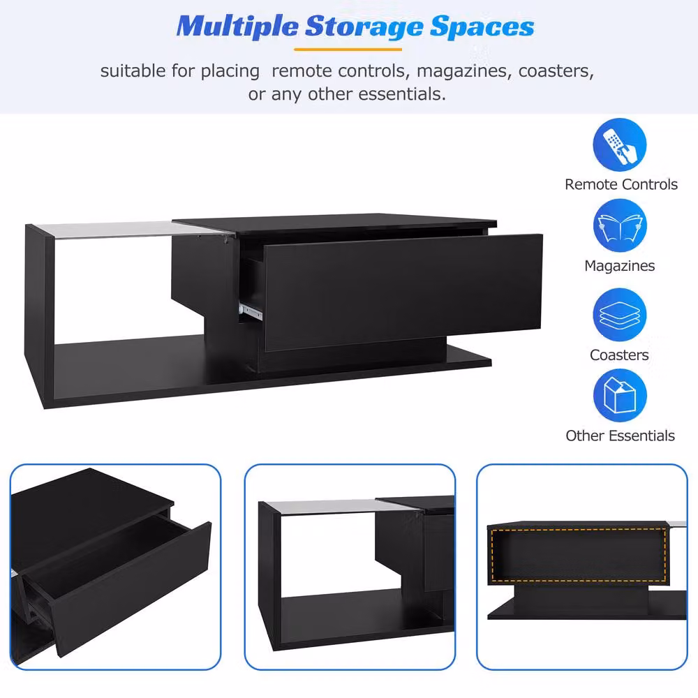 STILVORA LED Coffee Table with Drawer and Black Tempered Glass Top – 5