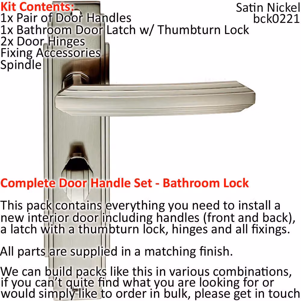 Loops Art Deco Door Handle and Bathroom Lock Pack in Satin Nickel – 2