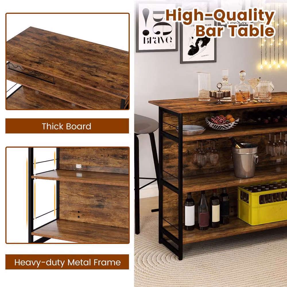 Costway 2-in-1 Industrial Home Bar Unit and Wine Cabinet with 4 Shelves and 4-Row Glass Holders in Brown – 9
