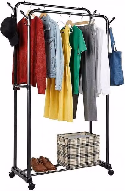 Kelvenix Double-Rod Rustproof Clothes Rail in Black, H 141.0 cm x W 95.0 cm