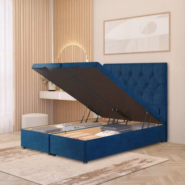 Somnior Beds Ltd Chesterfield Velvet Ottoman Bed with Gas Lift and 54 inch Floor Standing Headboard, Navy Blue, King Size
