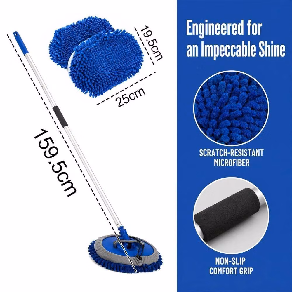 NESTLUNE Car Wash Brush with 160cm Long Handle and 2 Blue Microfibre Chenille Replacements – 2