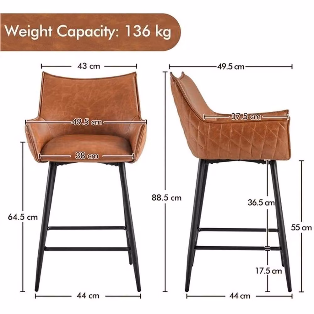 Kelvenix Set of 2 Modern Bar Stools in Brown PU Leather with Armrests – 2