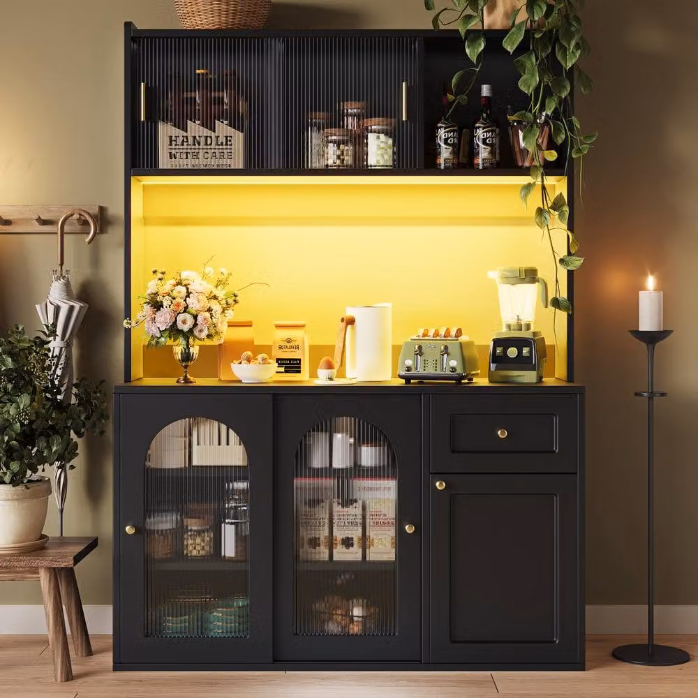 BTM Modern Black Matt Kitchen Display Cabinet with Glass Doors and LED Lighting, W/D/H: 35 x 35 x 167 cm – 2