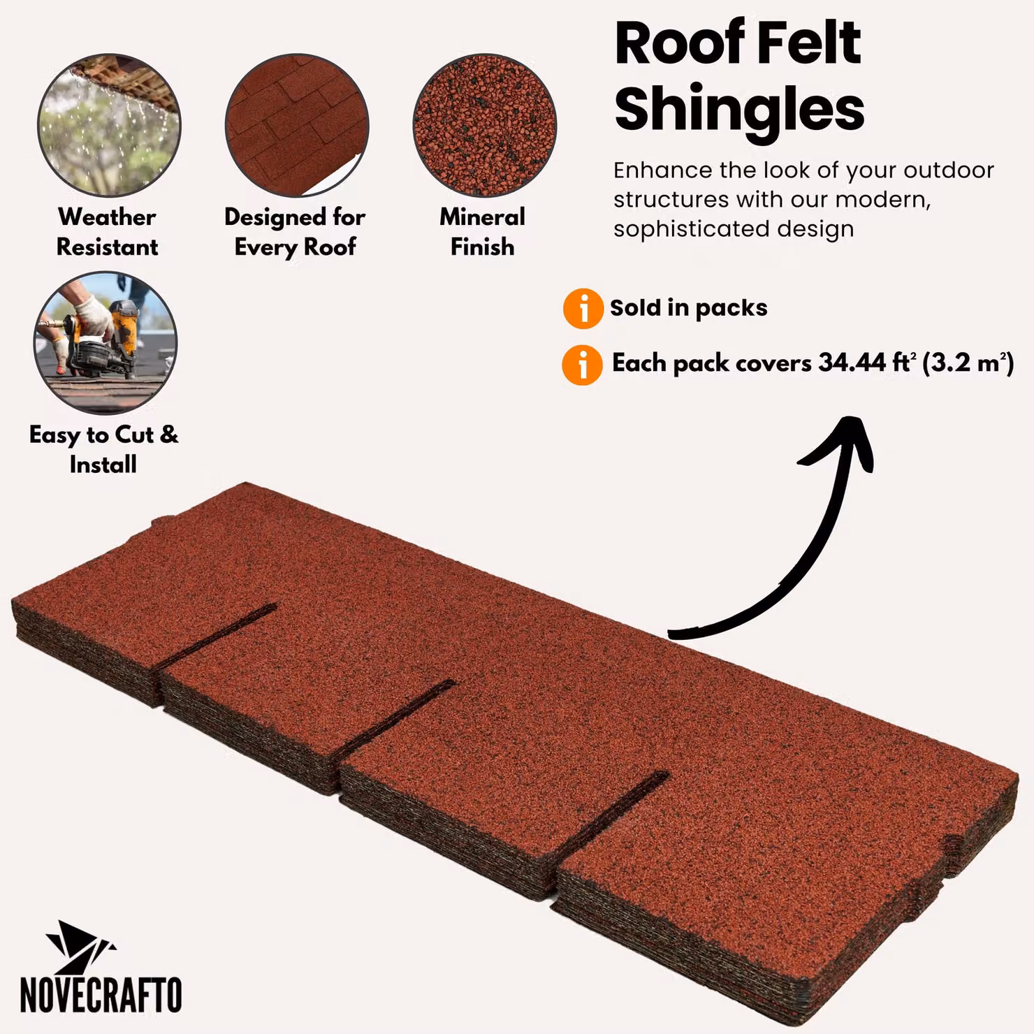 Novecrafto Heavy Duty Red Bitumen Roof Felt Shingles, 20 Pieces, W: 100 cm, H: 34 cm – 3