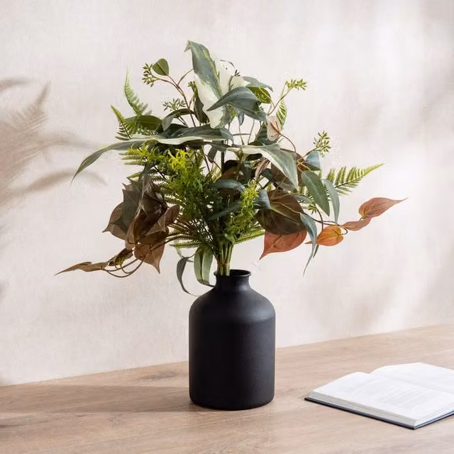 Scottish Everlastings Ltd Mixed Leaves Bouquet in a Black Vase, Green