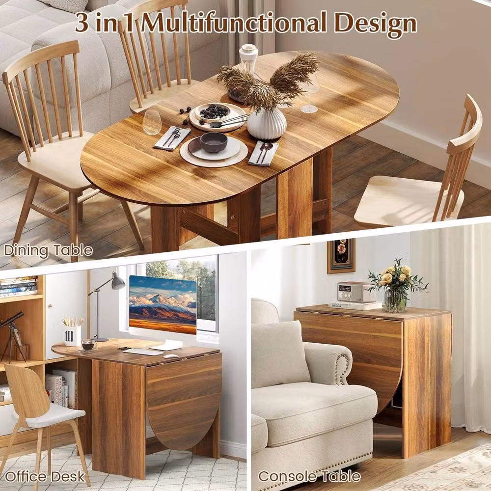 VOGREX Brown Wood Grain Extendable Round Drop Leaf Dining Table – 5