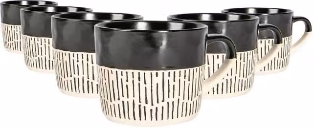 Nicola Spring Set of 6 Black Dipped Dash Stoneware Coffee Mugs, 450 ml