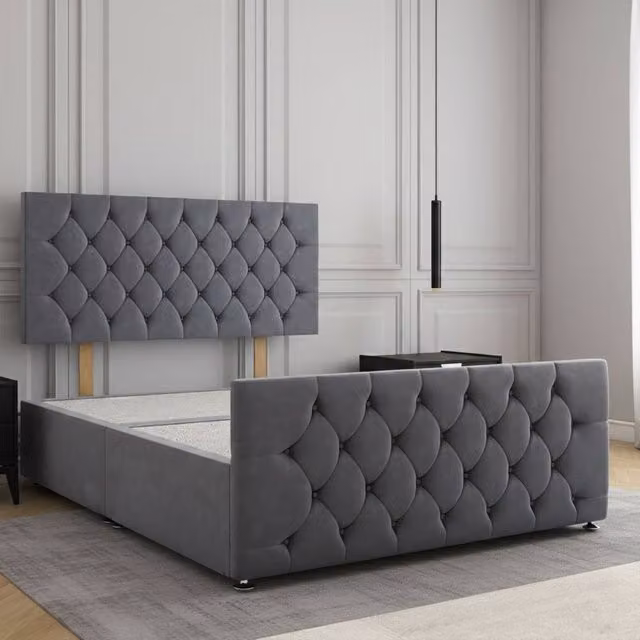 Regional Furnishings Plush Velvet Upholstered Double Divan Bed in Grey, W/D/H: 140 x 200 cm
