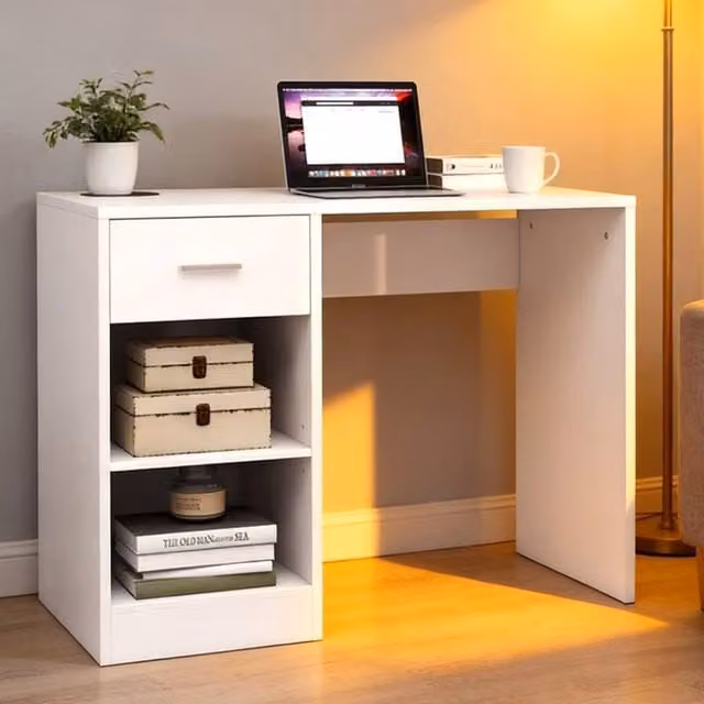 FORGEVIO Modern White Computer Desk for Home Office, Width: 100 cm – 1
