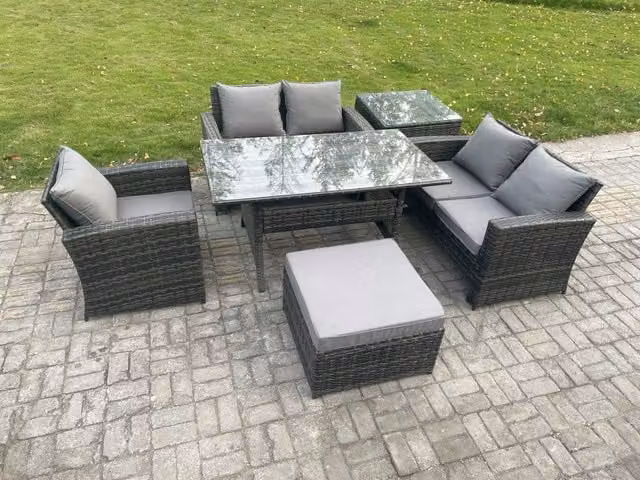 Fimous 6 Seater Wicker Rattan Garden Dining Set with Table, Double Sofa, Footstool and Side Table in Dark Grey