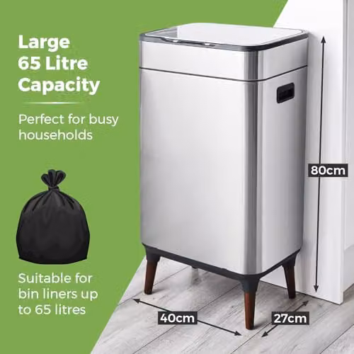 Tower T938022SS Ozone Sensor Bin with Legs, 65L, Stainless Steel, Silver, H: 70.5 cm, W: 48.0 cm, D: 36.0 cm – 3