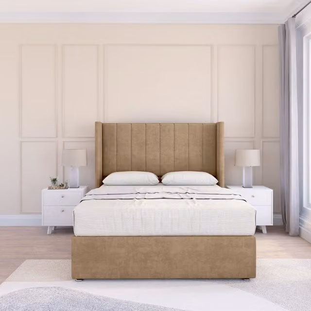 Sloomy Falcon Naples Wingback Bed Set with 54 inch Floor Standing Headboard in Light Brown, King Size, W/D/H: 180 x 200 cm