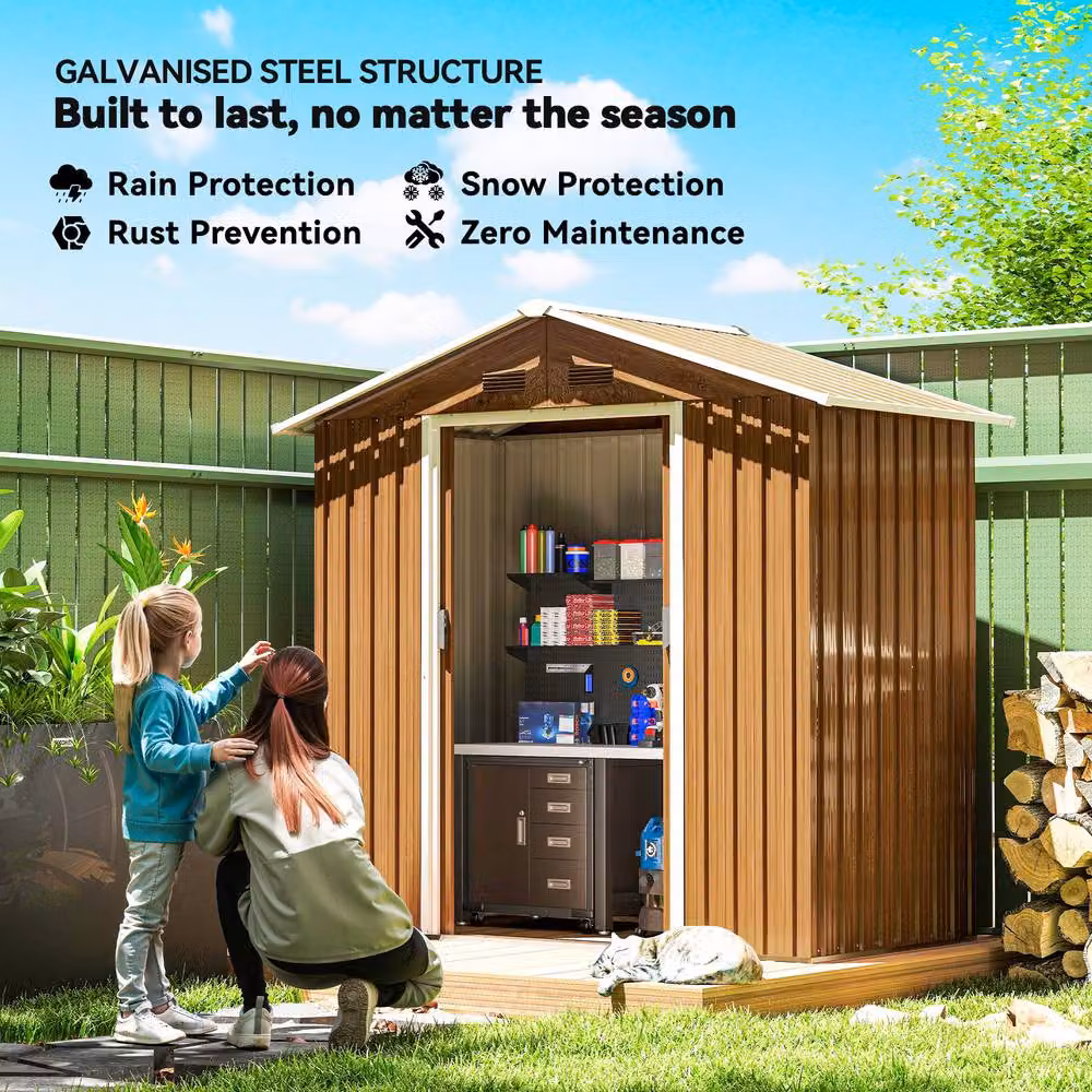 Rolipo Metal Garden Shed in Dark Brown Wood Effect with Sliding Gable Doors – 5