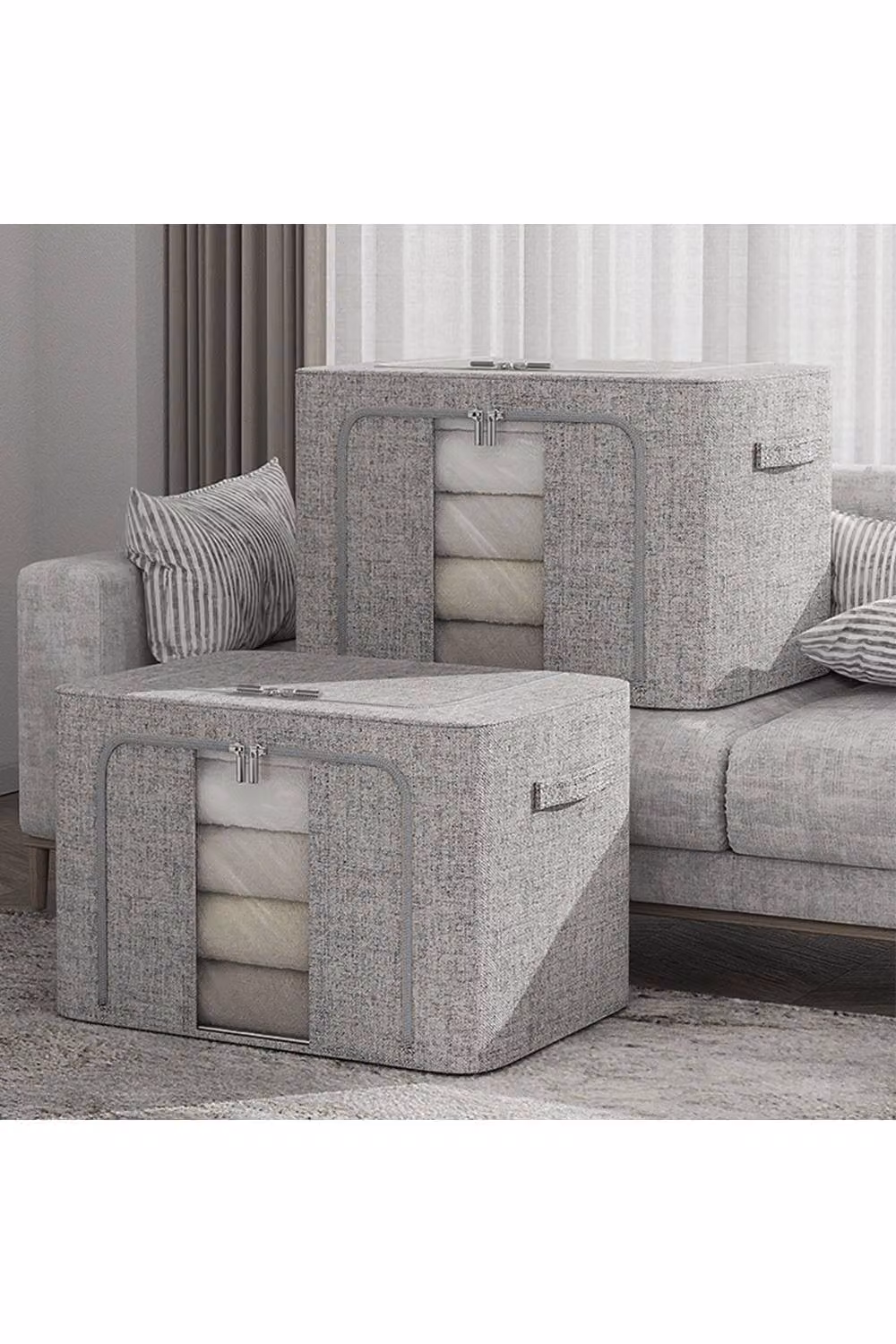 Living and Home Metal Frame Fabric Storage Box Clothes Organiser with Window in Light Grey – 2