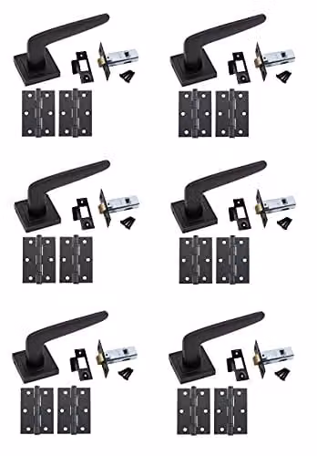 Golden Grace Venus Door Handles with Latch on Square Rose, Matt Black, 6 Sets