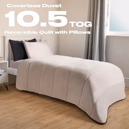 OHS Double Coverless Duvet Set with Pillowcase, 10.5 Tog, Reversible Microfibre Hollow Fibre Bedding, Black and Beige, W/D/H: 200 x 200 cm – 2
