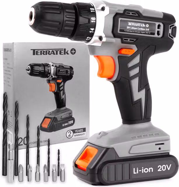 Terratek 20V Cordless Drill 13pc Kit with Rechargeable Battery, Grey
