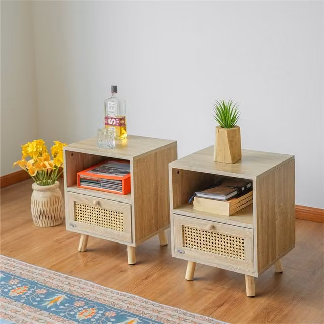 Abrihome Brown Rattan and Wood Retro Sideboard Cabinet