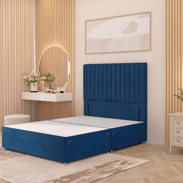 Somnior Beds Ltd Verona Divan Bed Base with Floor Standing Headboard in Blue Plush Velvet with Drawers, W/D/H: 180 x 200 cm