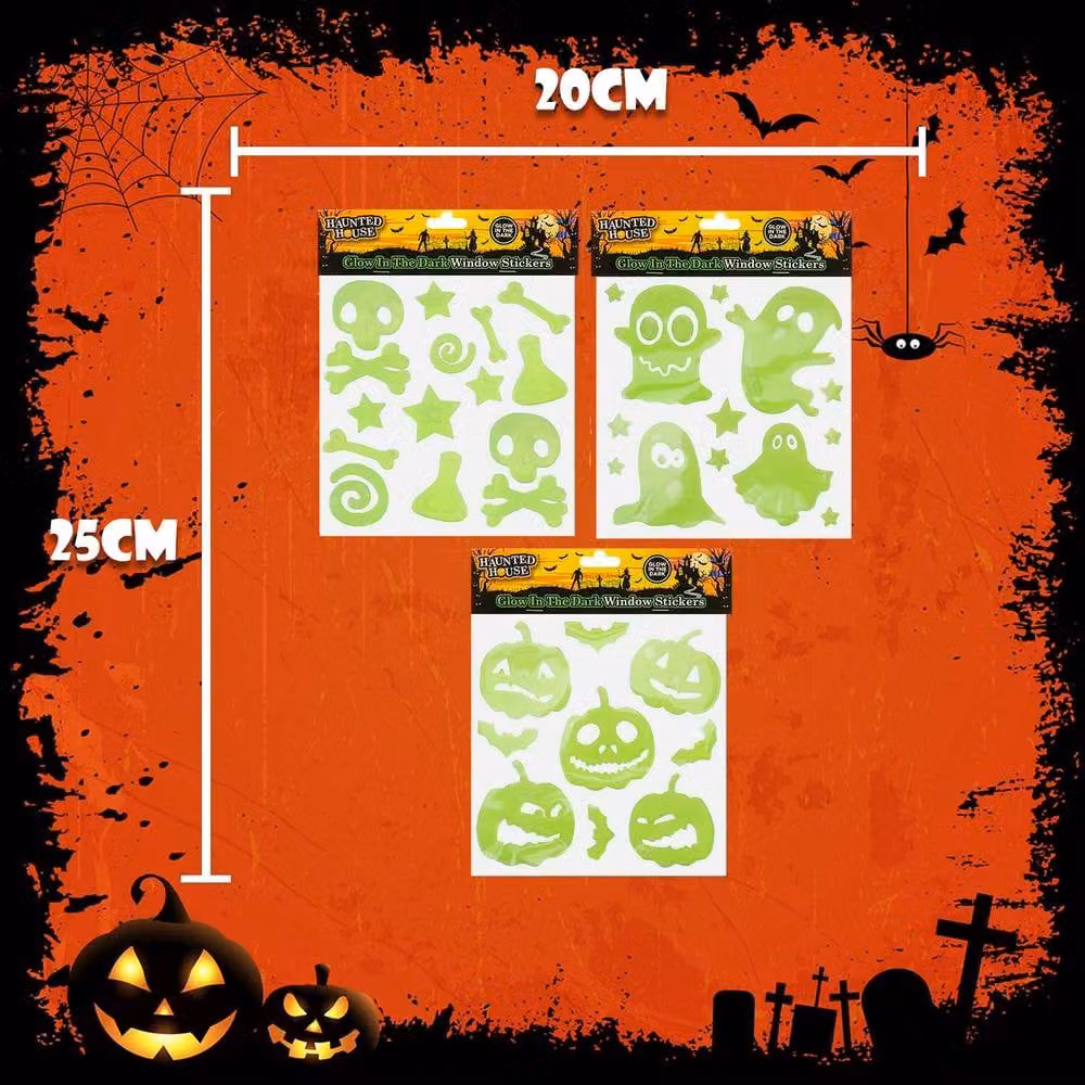 VFM e-Store Halloween Glow in the Dark Gel Stickers, 3 Pack of Ghosts, Bones and Pumpkins in Green – 1