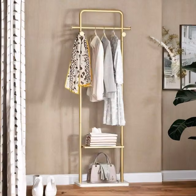 FURNOS Metal Double Coat Stand with 4 Hooks and Hanging Rail in Gold – 1