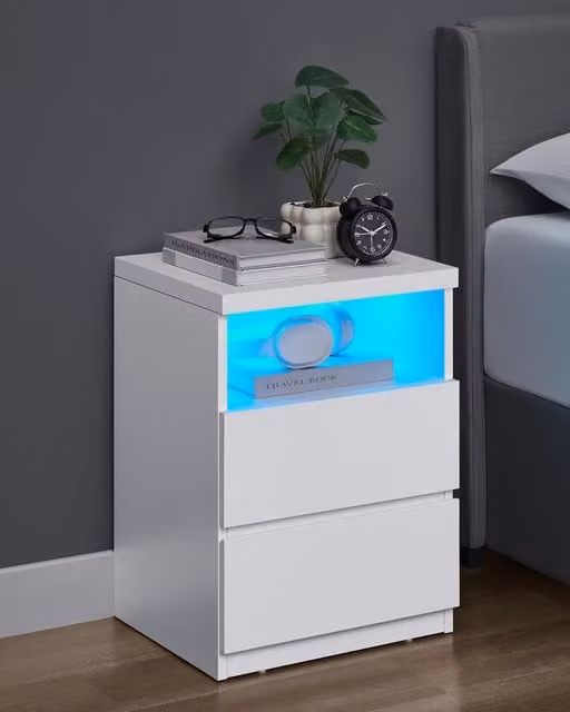 VASAGLE Modern White LED Nightstand with Integrated Lighting and Drawers – 1