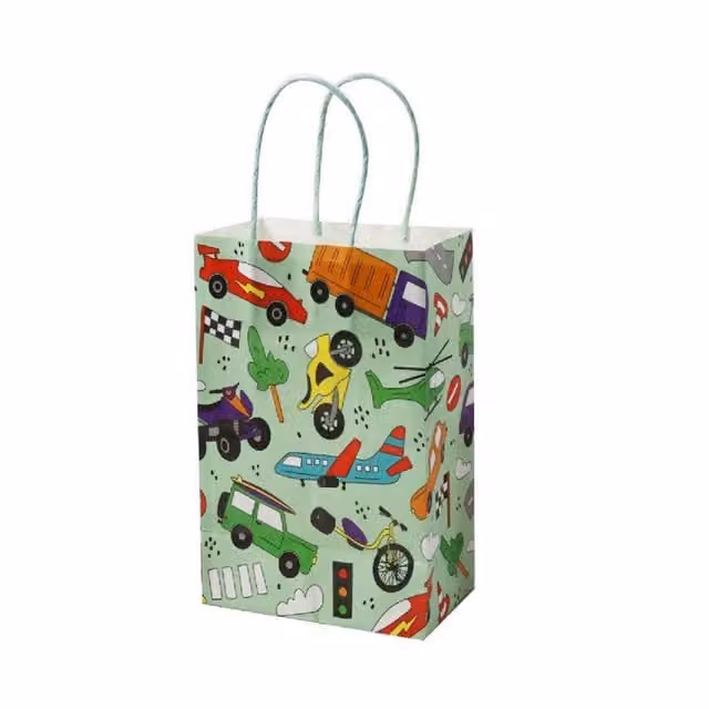 LG-Imports Pack of 12 Multicolour Vehicle Themed Paper Gift Bags for Children in White