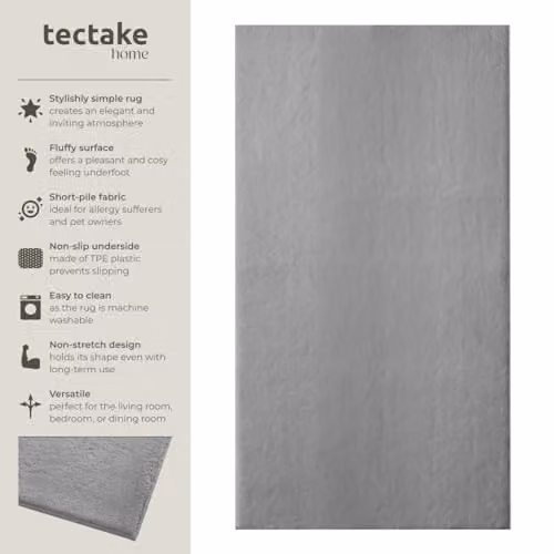 tectake Grey Fluffy Short-Pile Rug, Allergy-Friendly, Washable and Non-Slip, W/D/H: 80 x 150 x 1.5 cm – 2
