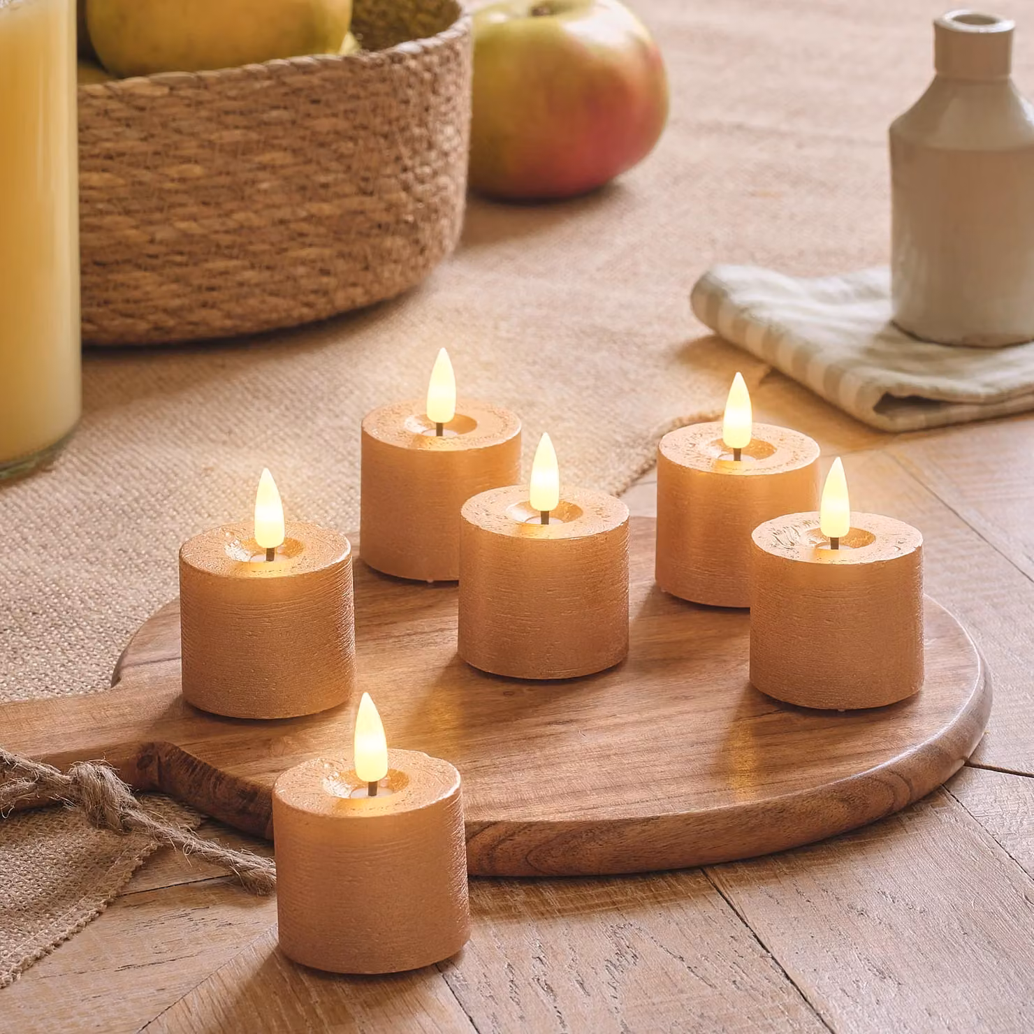 TruGlow® Set of 6 Copper Distressed LED Votive Candles with Remote Control, Timer and Flicker Effect