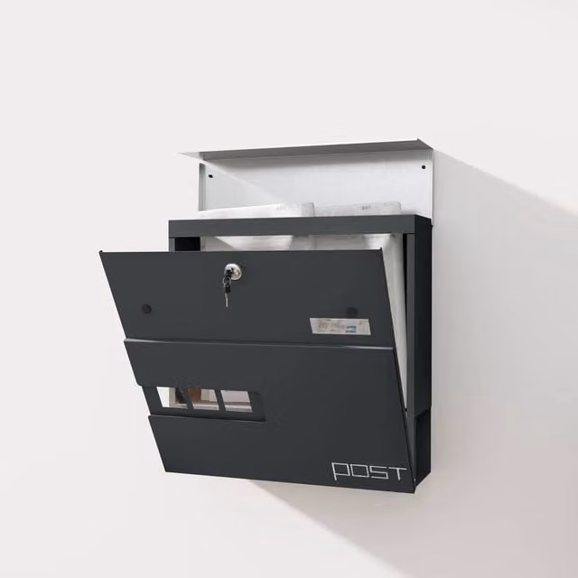 Kelvenix Wall Mounted Stainless Steel Letterbox with Lock in Anthracite Grey, W/D/H: 37.0 x 37.0 x 10.5 cm