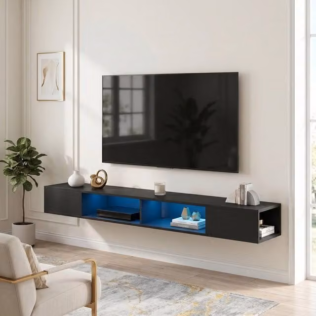 HOMCOM Modern Black Matt TV Stand with RGB LED Lights for up to 75-Inch TVs