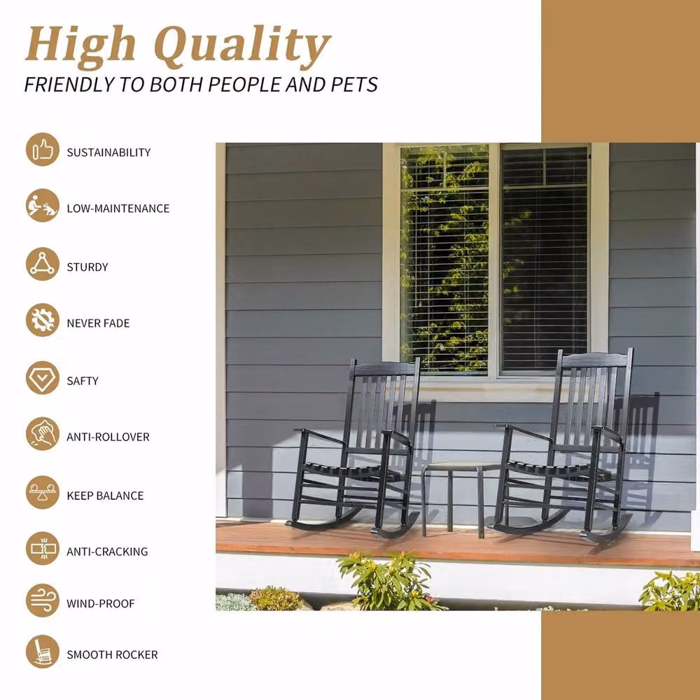 NESTLUNE Black Wood Outdoor Rocking Chair with Backrest for Garden, Balcony or Terrace, H 100 cm x W 15 cm x D 15 cm – 3