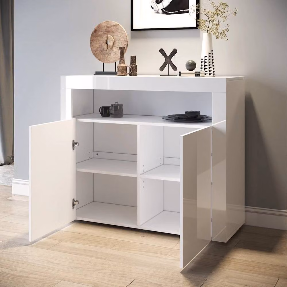 FLAVORA White 2 Door Modern Display Cupboard with Integrated LED Lighting and Glass Doors – 2