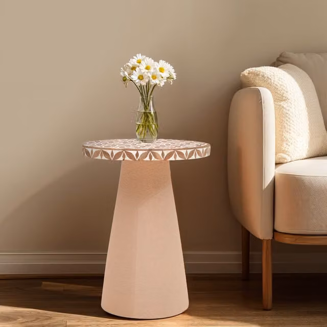IH Design Modern Lacquered Round Acacia Wood Side Table in Brown