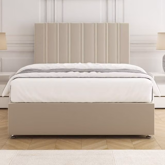 BSSPOKE Sienna Plush Velvet Divan Bed Set with 24 inch Headboard and Mattress in Beige, W/D/H: 140 x 200 cm