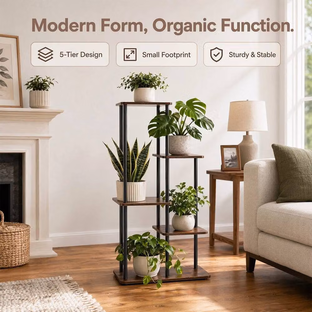 Kelvenix 5-Tier Industrial Wood and Metal Corner Plant Stand in Brown and Black – 3