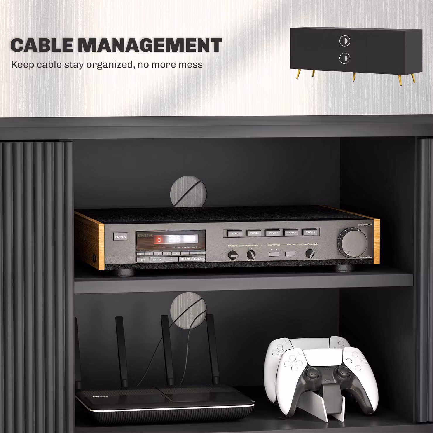 HOMCOM Modern Black TV Stand Cabinet for TVs up to 55 inch with 2 Open Shelves, 2 Cabinets and Cable Management – 6