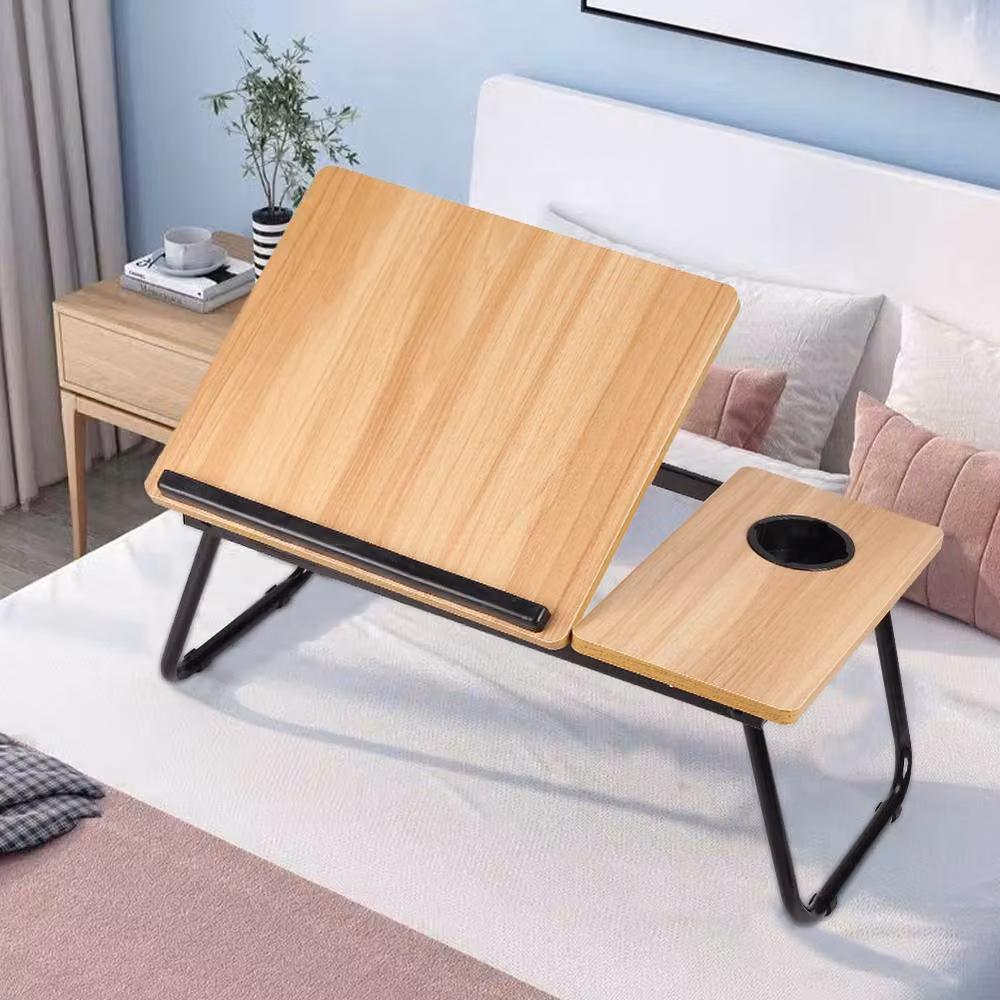 Living and Home Adjustable Folding Laptop Bed Table with Tilting Top and Cup Slot in Natural Brown – 3