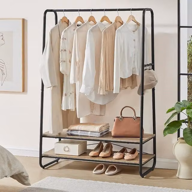 VASAGLE Heavy Duty Industrial Clothes Rail with 2 Shelves and 6 Hooks in Camel – 1