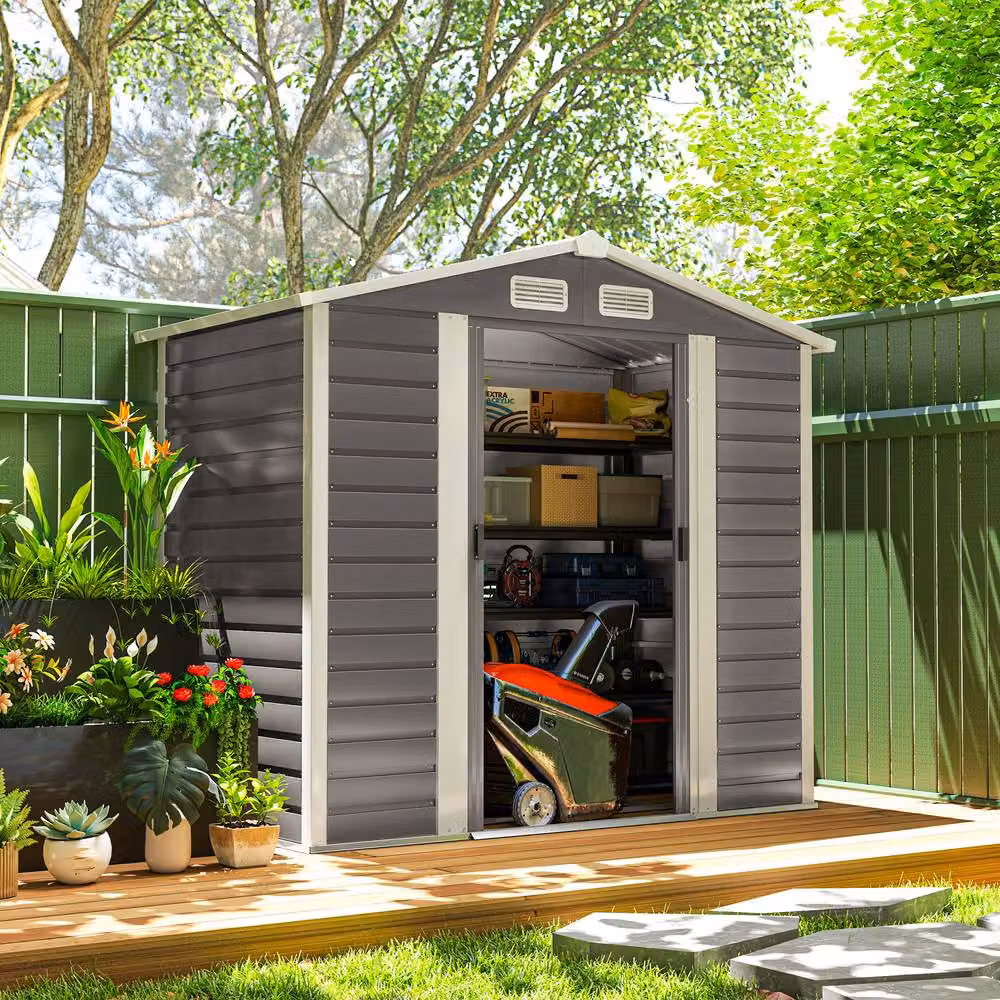 Rolipo Galvanised Steel Garden Shed with Foundation Kit and Lock, Light Grey – 3