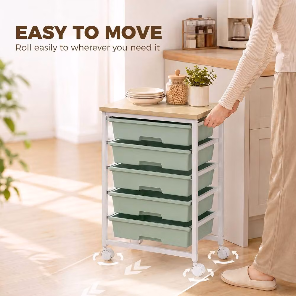 HOMCOM 6-Tier Storage Trolley with 5 Pull-Out Drawers on Wheels, Green – 3